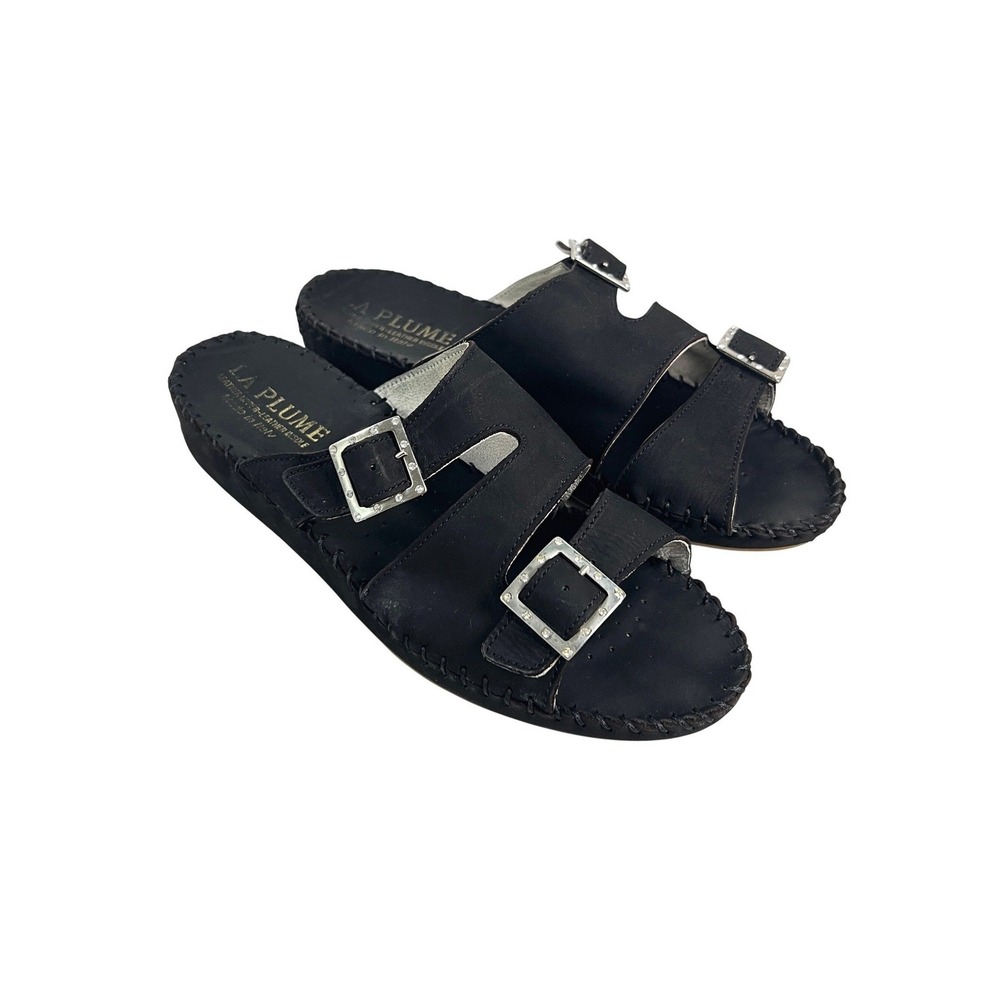 La Plume Black Leather Rhinestone Buckle Slide Sandals Made in Italy 39